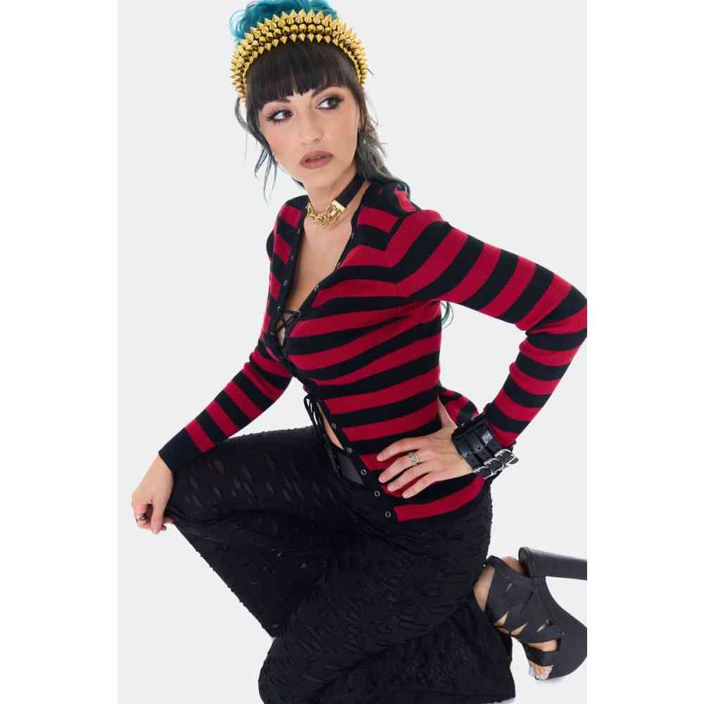 Jawbreaker - Striped Red Lace Up Eyelet Cardigan - Red/Black